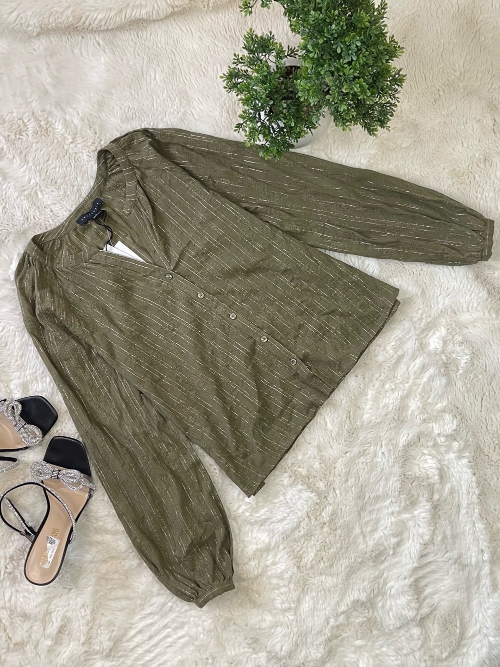 Sanctuary Olive Metallic-Striped Button Front Blouse
